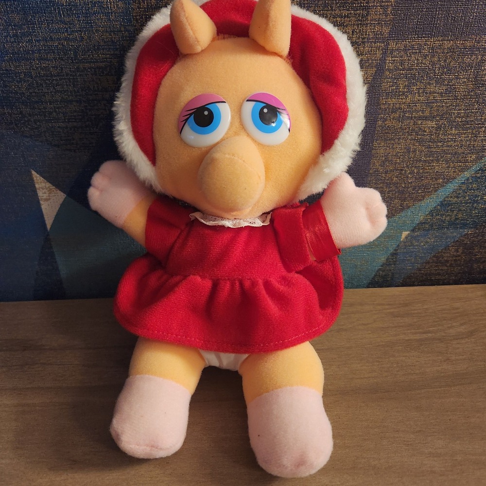 Vintage 1987 Muppet Babies Baby Miss Piggy Plush Red Holiday Dress Henson 8"